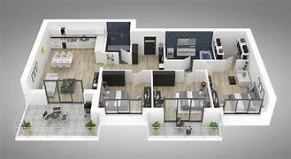 3D floor plan of a modern apartment with open kitchen, living room, bedrooms, and balcony layout