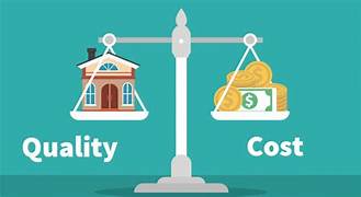 Illustration of a balance scale comparing home quality and construction cost, highlighting the trade-off between price and value in building a house