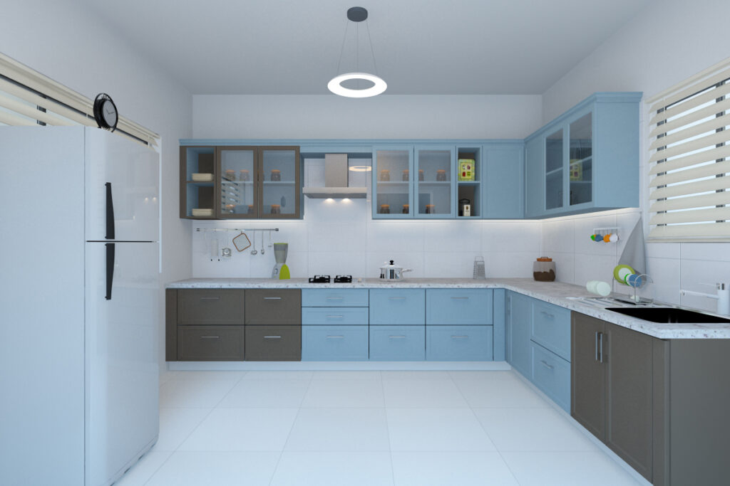 Modern modular kitchen design with pastel blue and brown cabinets, overhead storage, double sink, and built-in appliances in a spacious layout
